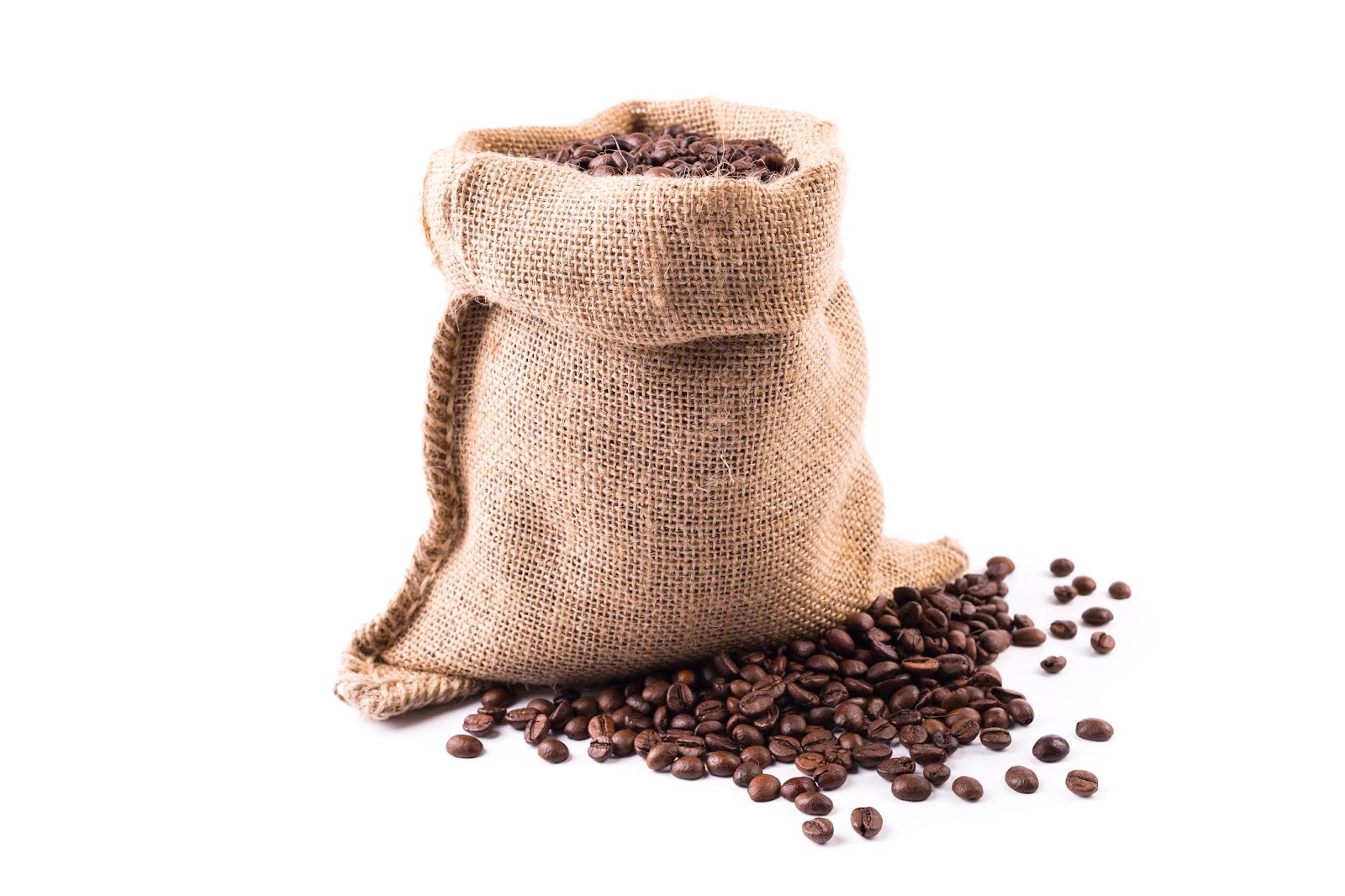 jute sack with coffee beans on white background